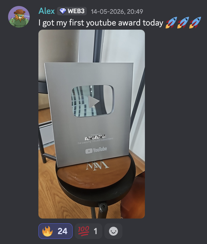 Alex First YouTube Silver Play Button (100,000 subscribers)